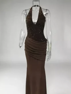 Sequined Halter Neck Mermaid Evening Gown With Ruched Waist Detail For Women 2026