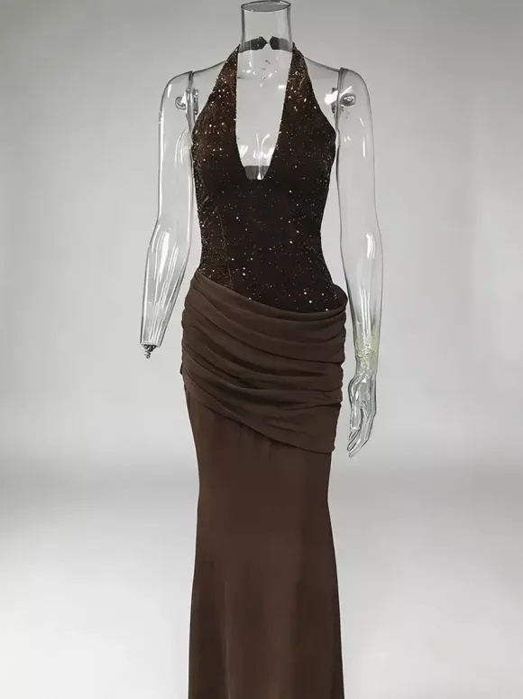 Sequined Halter Neck Mermaid Evening Gown With Ruched Waist Detail For Women 2026