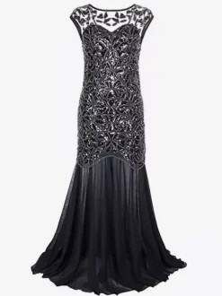 Sequined Pleated 1920s Great Gatsby Semi Sheer Retro 20s Party Dress