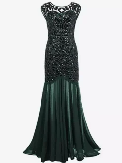 Sequined Pleated 1920s Great Gatsby Semi Sheer Retro 20s Party Dress