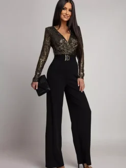 Sequined Stripe V-Neck Belted Wide Leg Party Jumpsuit For Women 2026