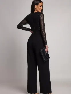 Sequined Stripe V-Neck Belted Wide Leg Party Jumpsuit For Women 2026