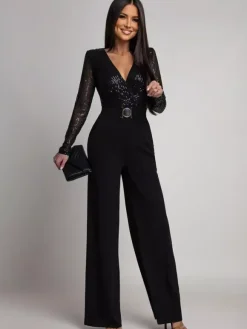 Sequined Stripe V-Neck Belted Wide Leg Party Jumpsuit For Women 2026