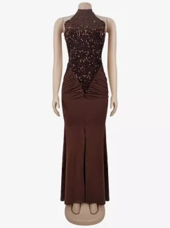 Sequin Halter Neck Ruched Waist High Slit Evening Long Dress For Women 2026
