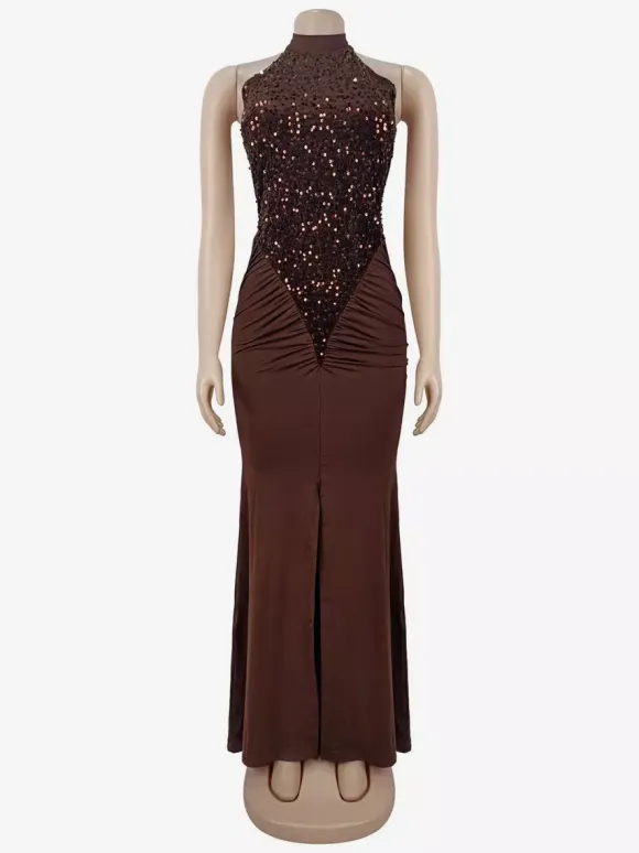 Sequin Halter Neck Ruched Waist High Slit Evening Long Dress For Women 2026