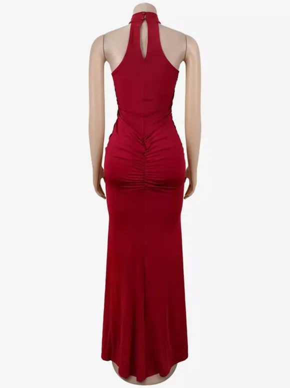 Sequin Halter Neck Ruched Waist High Slit Evening Long Dress For Women 2026