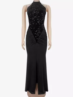 Sequin Halter Neck Ruched Waist High Slit Evening Long Dress For Women 2026