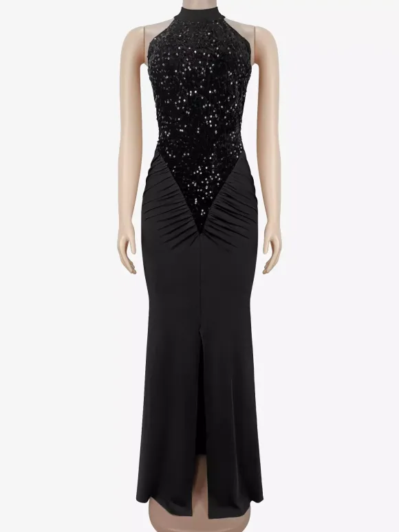 Sequin Halter Neck Ruched Waist High Slit Evening Long Dress For Women 2026