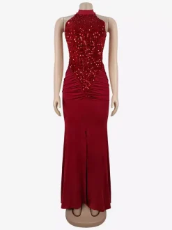 Sequin Halter Neck Ruched Waist High Slit Evening Long Dress For Women 2026