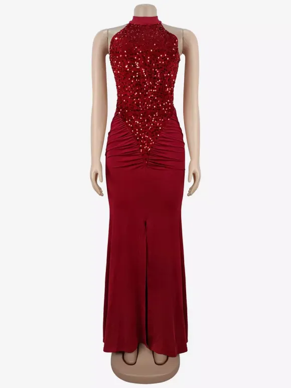 Sequin Halter Neck Ruched Waist High Slit Evening Long Dress For Women 2026