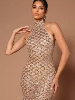 Sequin Long Dresses Sleeveless Open Back Club Prom Dress