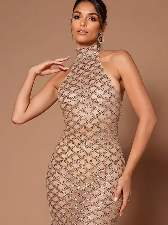 Sequin Long Dresses Sleeveless Open Back Club Prom Dress