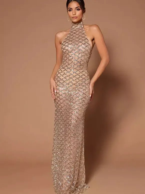 Sequin Long Dresses Sleeveless Open Back Club Prom Dress