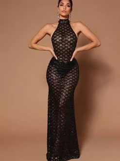 Sequin Long Dresses Sleeveless Open Back Club Prom Dress
