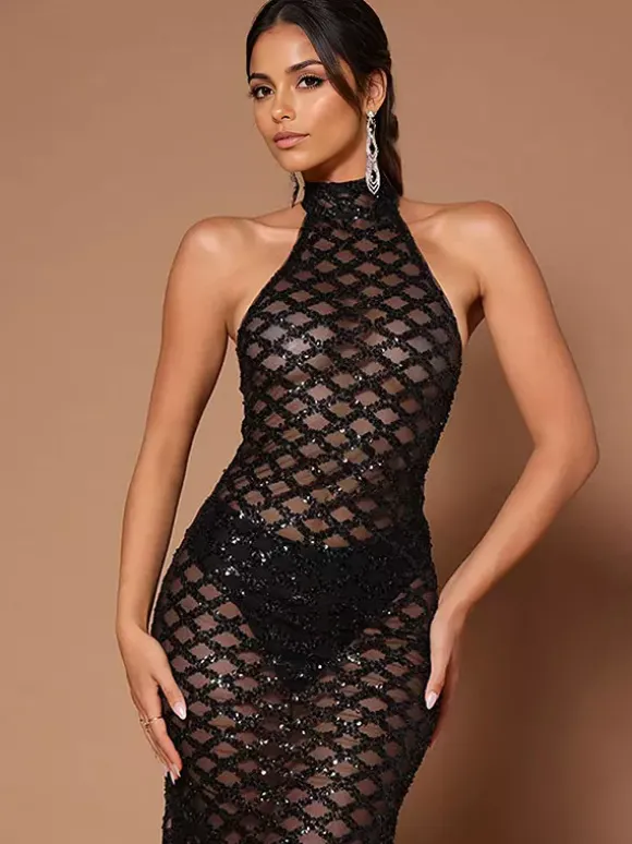 Sequin Long Dresses Sleeveless Open Back Club Prom Dress