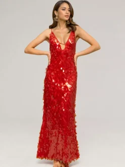 Sequin Maxi Dress In Red Deep V-neck Spaghetti Straps Sexy Formal Party Long Dress For Women 2026