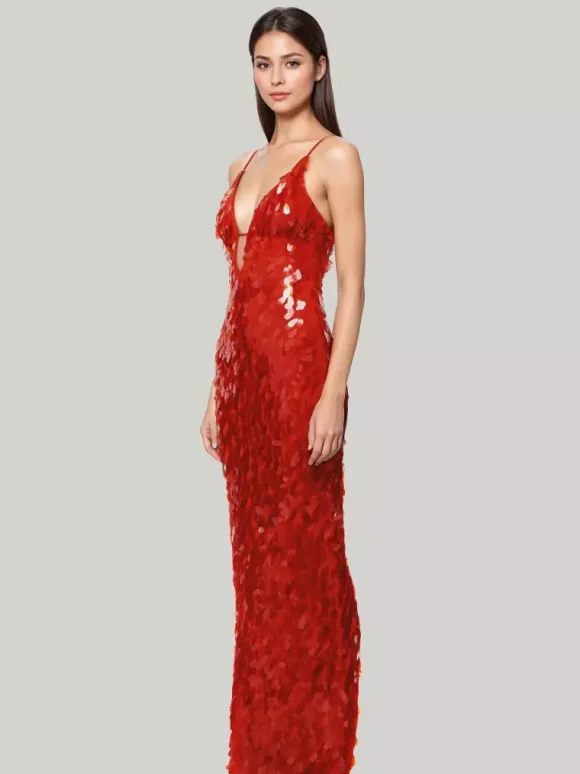 Sequin Maxi Dress In Red Deep V-neck Spaghetti Straps Sexy Formal Party Long Dress For Women 2026