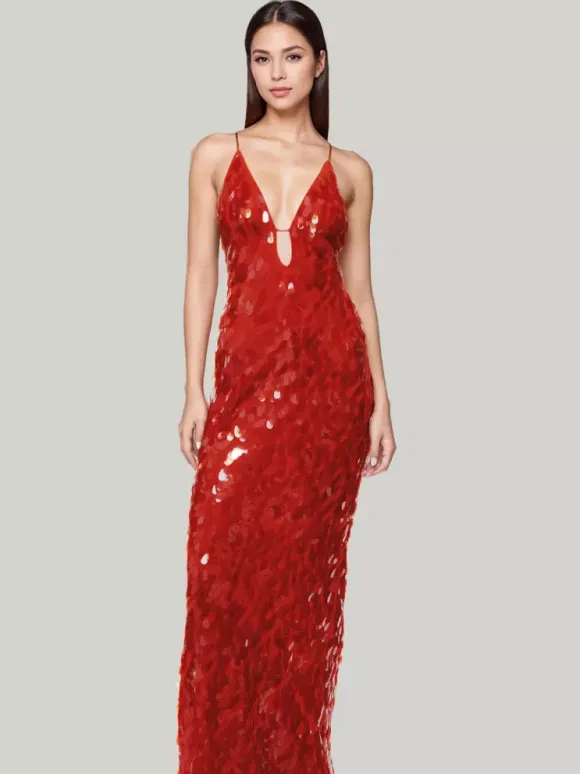 Sequin Maxi Dress In Red Deep V-neck Spaghetti Straps Sexy Formal Party Long Dress For Women 2026