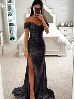 Sequin Maxi Gown With Off-Shoulder And High-slit For Formal Events 2026