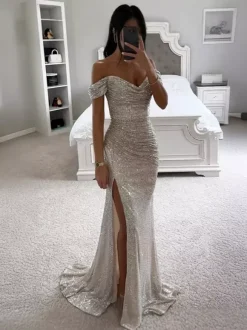 Sequin Maxi Gown With Off-Shoulder And High-slit For Formal Events 2026