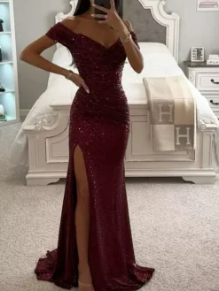 Sequin Maxi Gown With Off-Shoulder And High-slit For Formal Events 2026