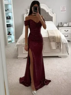 Sequin Maxi Gown With Off-Shoulder And High-slit For Formal Events 2026