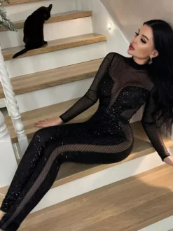 Sequin Mesh Jumpsuit For Women - Black Sexy Sheer Baddie Long Sleeve Bodysuit - Spring Clubwear Night Out Party 2026