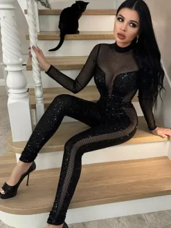 Sequin Mesh Jumpsuit For Women - Black Sexy Sheer Baddie Long Sleeve Bodysuit - Spring Clubwear Night Out Party 2026