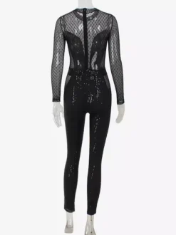 Sequin Mesh Jumpsuit For Women - Black Sexy Sheer Baddie Long Sleeve Bodysuit - Spring Clubwear Night Out Party 2026