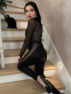 Sequin Mesh Jumpsuit For Women - Black Sexy Sheer Baddie Long Sleeve Bodysuit - Spring Clubwear Night Out Party 2026