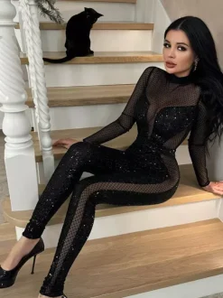 Sequin Mesh Jumpsuit For Women - Black Sexy Sheer Baddie Long Sleeve Bodysuit - Spring Clubwear Night Out Party 2026