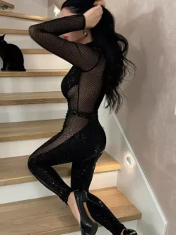 Sequin Mesh Jumpsuit For Women - Black Sexy Sheer Baddie Long Sleeve Bodysuit - Spring Clubwear Night Out Party 2026