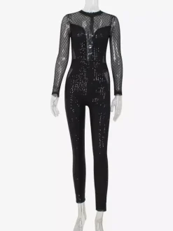 Sequin Mesh Jumpsuit For Women - Black Sexy Sheer Baddie Long Sleeve Bodysuit - Spring Clubwear Night Out Party 2026