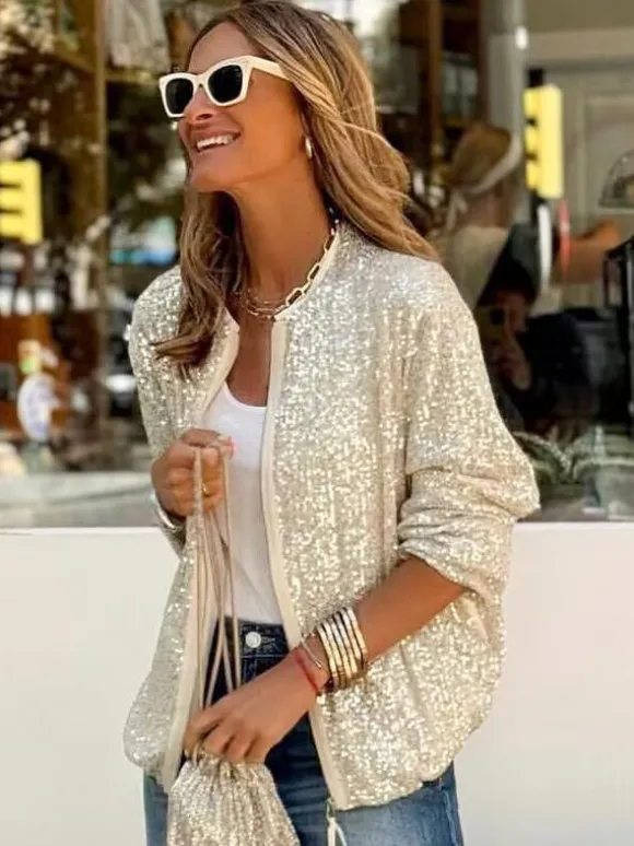 Sequins Jacket Round Neck Long Sleeves Zip Up Women's Jackets