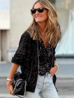 Sequins Jacket Round Neck Long Sleeves Zip Up Women's Jackets