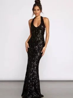 Sequin Scroll Halter Dress In Black Deep V-neck Mermaid Silhouette Formal Party Long Dress For Women 2026