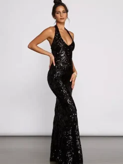 Sequin Scroll Halter Dress In Black Deep V-neck Mermaid Silhouette Formal Party Long Dress For Women 2026
