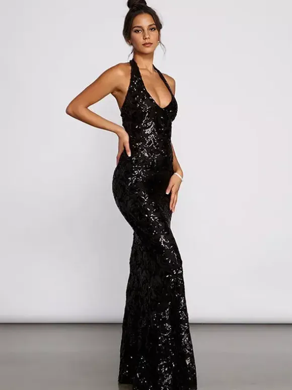 Sequin Scroll Halter Dress In Black Deep V-neck Mermaid Silhouette Formal Party Long Dress For Women 2026