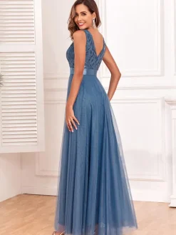 Sequins Dress Sleeveless Empire Waist A-line Elegant Prom Maxi Dresses