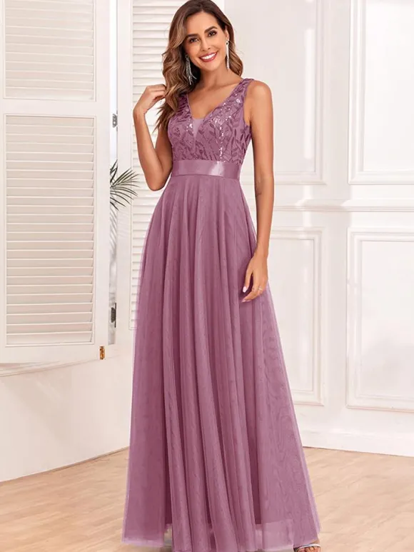 Sequins Dress Sleeveless Empire Waist A-line Elegant Prom Maxi Dresses