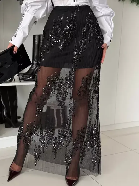 Sequin Sheer Maxi Party Skirt For Women 2026