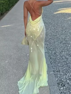 Sequin Sheer Maxi Slip Dress for Women - Butter Yellow Boho Backless V Neck Mermaid Cut Evening Gown - Summer Beach 2026