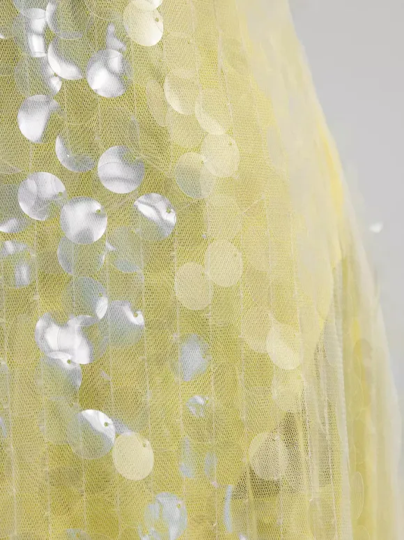 Sequin Sheer Maxi Slip Dress for Women - Butter Yellow Boho Backless V Neck Mermaid Cut Evening Gown - Summer Beach 2026