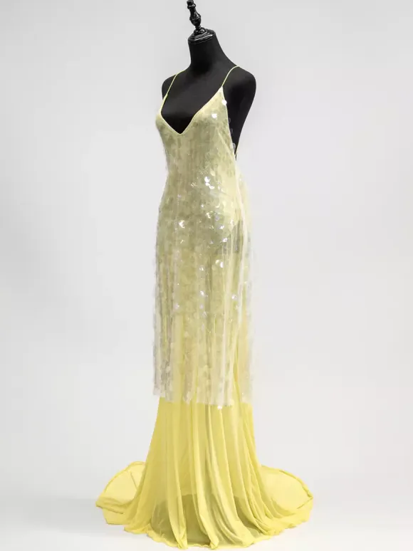 Sequin Sheer Maxi Slip Dress for Women - Butter Yellow Boho Backless V Neck Mermaid Cut Evening Gown - Summer Beach 2026