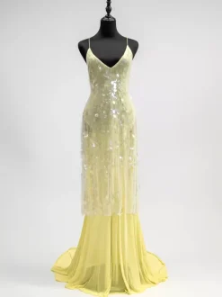 Sequin Sheer Maxi Slip Dress for Women - Butter Yellow Boho Backless V Neck Mermaid Cut Evening Gown - Summer Beach 2026