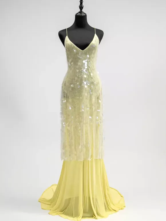 Sequin Sheer Maxi Slip Dress for Women - Butter Yellow Boho Backless V Neck Mermaid Cut Evening Gown - Summer Beach 2026