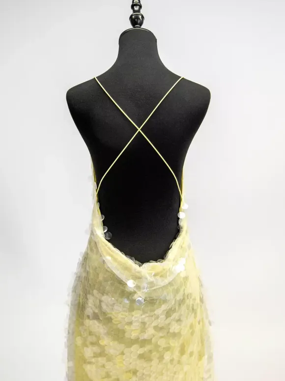 Sequin Sheer Maxi Slip Dress for Women - Butter Yellow Boho Backless V Neck Mermaid Cut Evening Gown - Summer Beach 2026