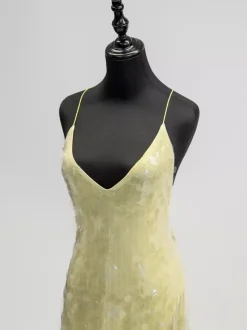 Sequin Sheer Maxi Slip Dress for Women - Butter Yellow Boho Backless V Neck Mermaid Cut Evening Gown - Summer Beach 2026