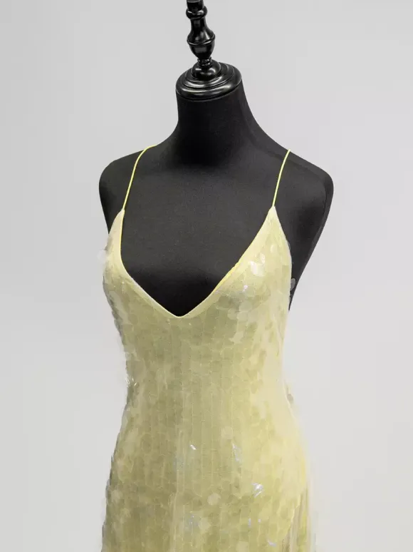 Sequin Sheer Maxi Slip Dress for Women - Butter Yellow Boho Backless V Neck Mermaid Cut Evening Gown - Summer Beach 2026