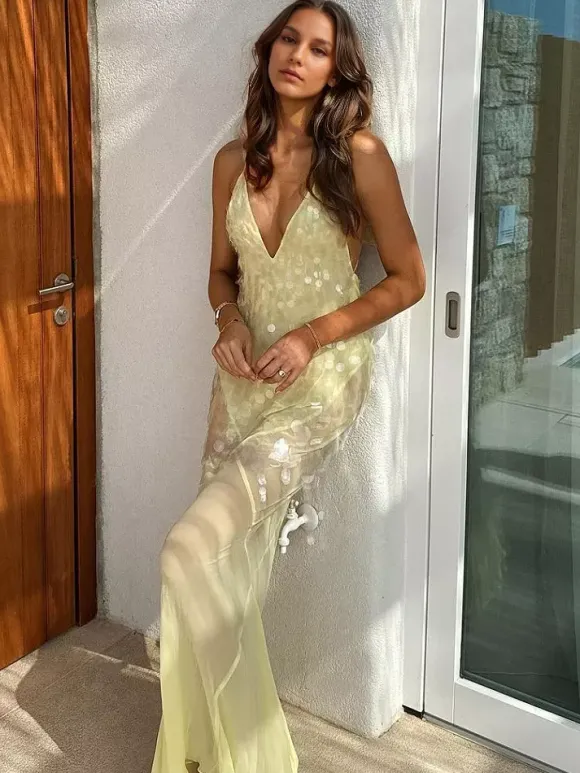 Sequin Sheer Maxi Slip Dress for Women - Butter Yellow Boho Backless V Neck Mermaid Cut Evening Gown - Summer Beach 2026